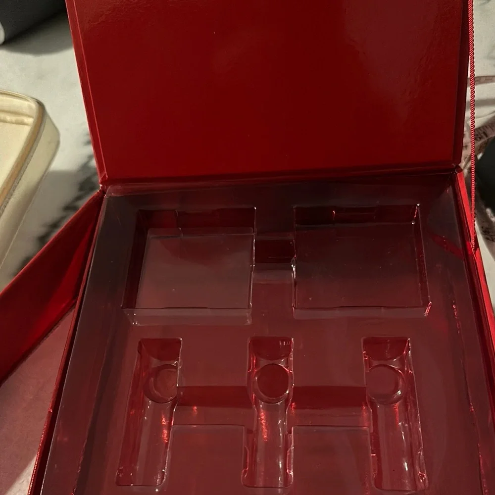 Bold Red Cardboard Cosmetic Box & Zippered Gold Tone Traincase